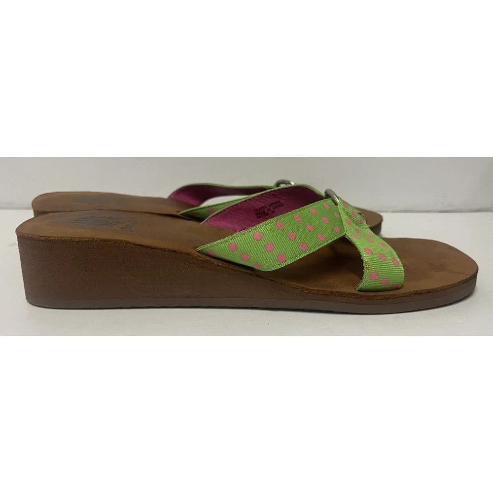 YELLOW BOX WOMENS WEDGE SANDALS GREEN PINK POLKA DOT FLIP FLOP THONG SLIP ON‎ - Picture 3 of 8